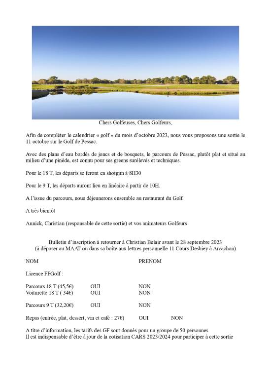 Illustration sortie Golfique le 11 octobre 2023 au GOLF DE PESSAC